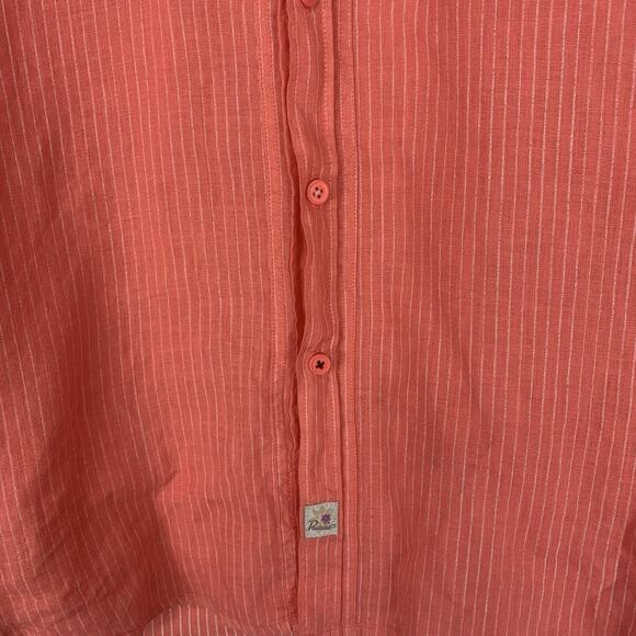 Pauawa Shirt Womens Large Linen Button Down Striped Floral Coastal Beachy Coral - Picture 4 of 11